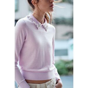 Purple Lilac Zara Pointed Jewel Rhinestone Bead Embellished Collar Knit Sweater